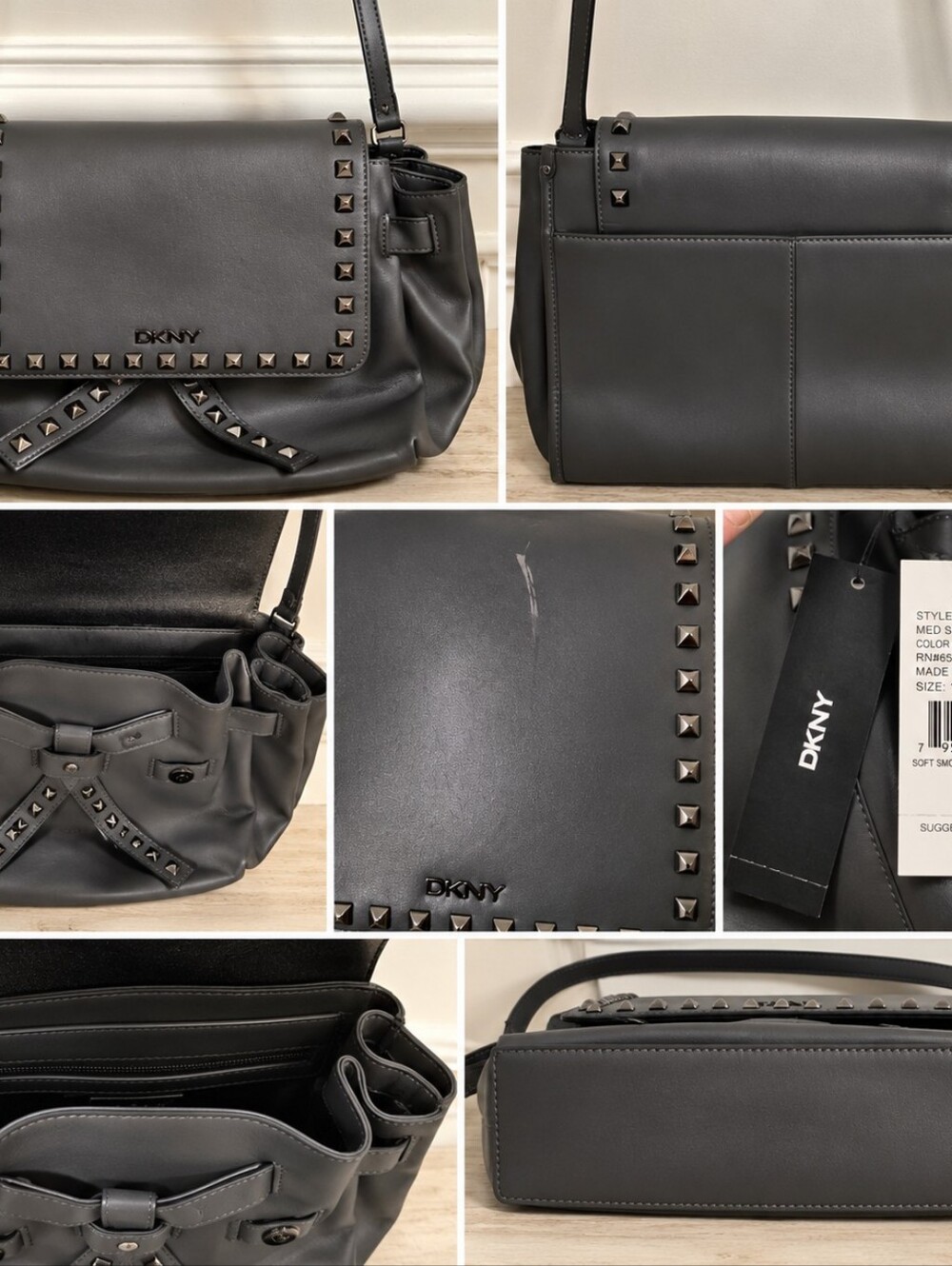 DKNY Black Leather Shoulder Bag with Studded Bow Accent